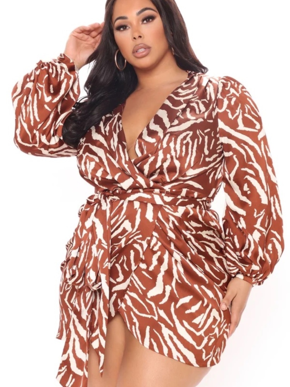 Fashion Nova Plus Brown Zebra Print Wrap Mini Dress Long Sleeve Tie Waist - 2x